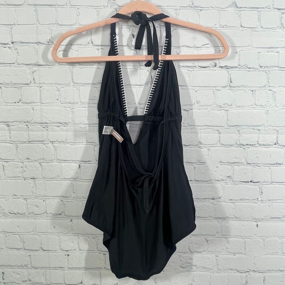 Sunseeker One Piece Swimingsuit Women Black V Neck Halter Embroidered Preppy - Picture 9 of 16